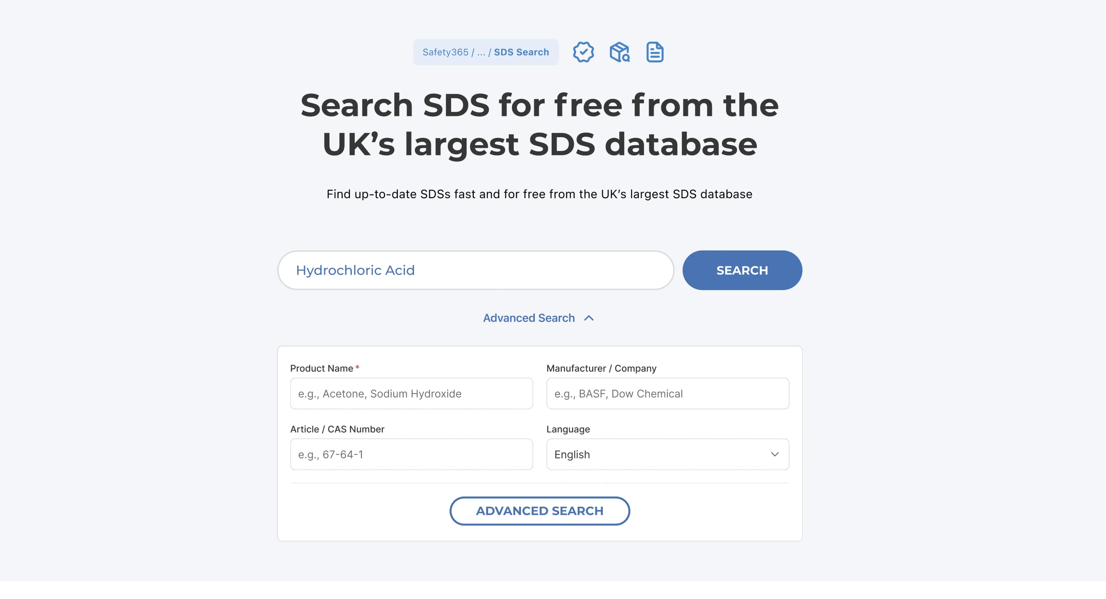 Screenshot of the SDS search interface showing the search bar and filters