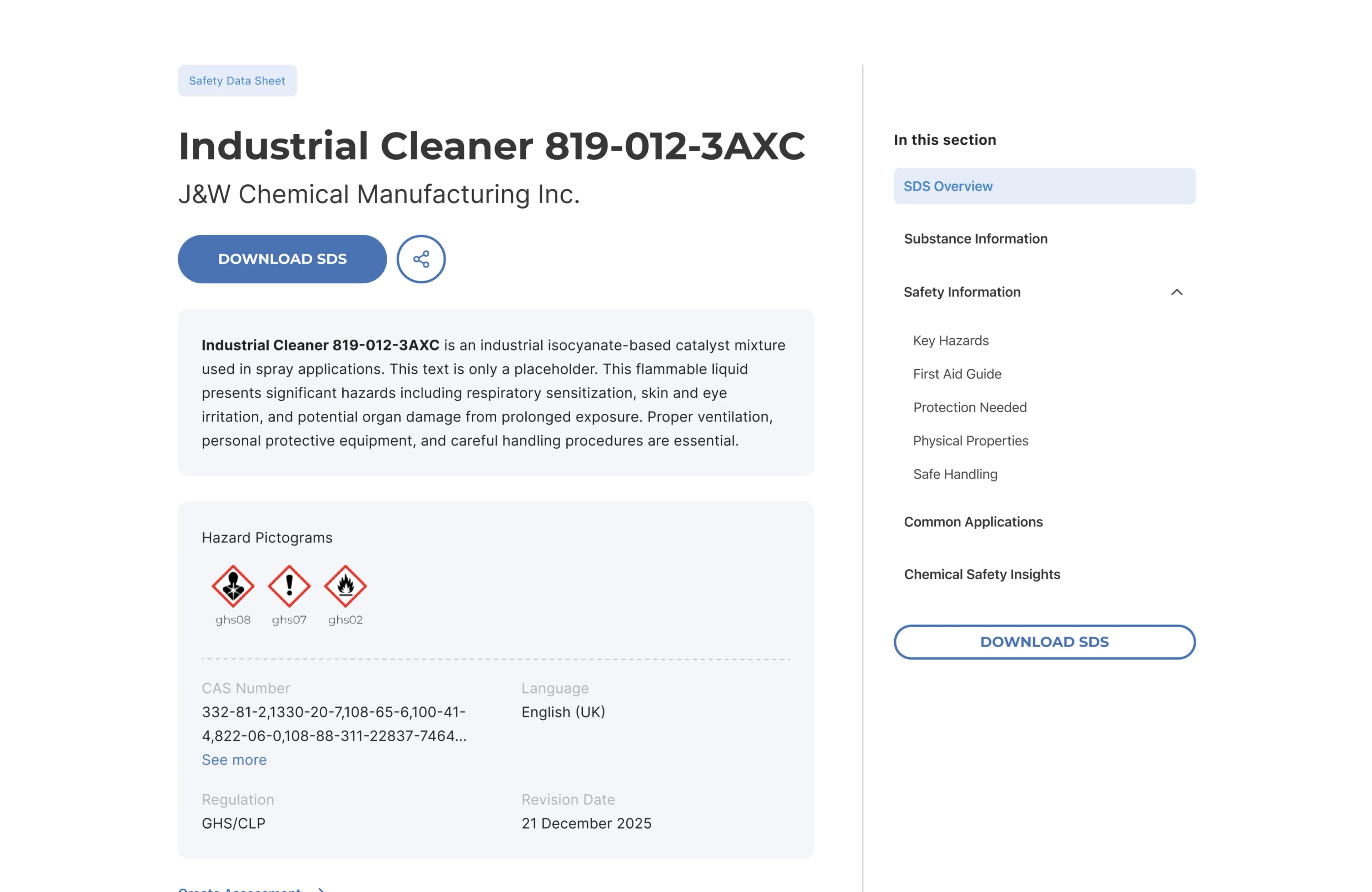 Screenshot of SDS search results with download buttons