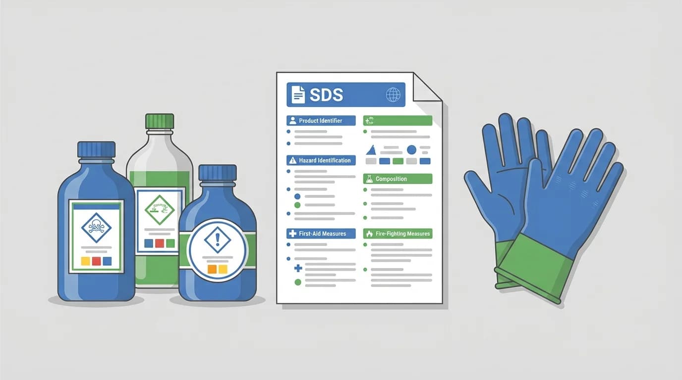 COSHH basics guide — chemical bottles, safety data sheet, and protective gloves