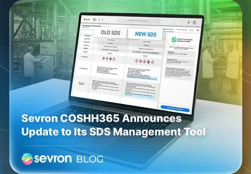 Laptop displaying the side-by-side SDS comparison feature with highlighted changes between Safety Data Sheets