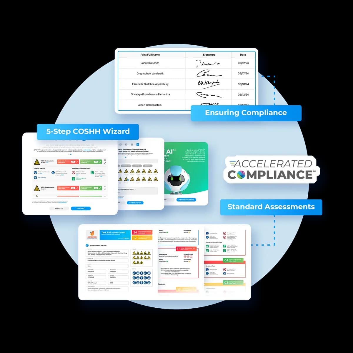 COSHH assessments software interface showing 5-step COSHH wizard, compliance badges, and audit-ready assessment tools