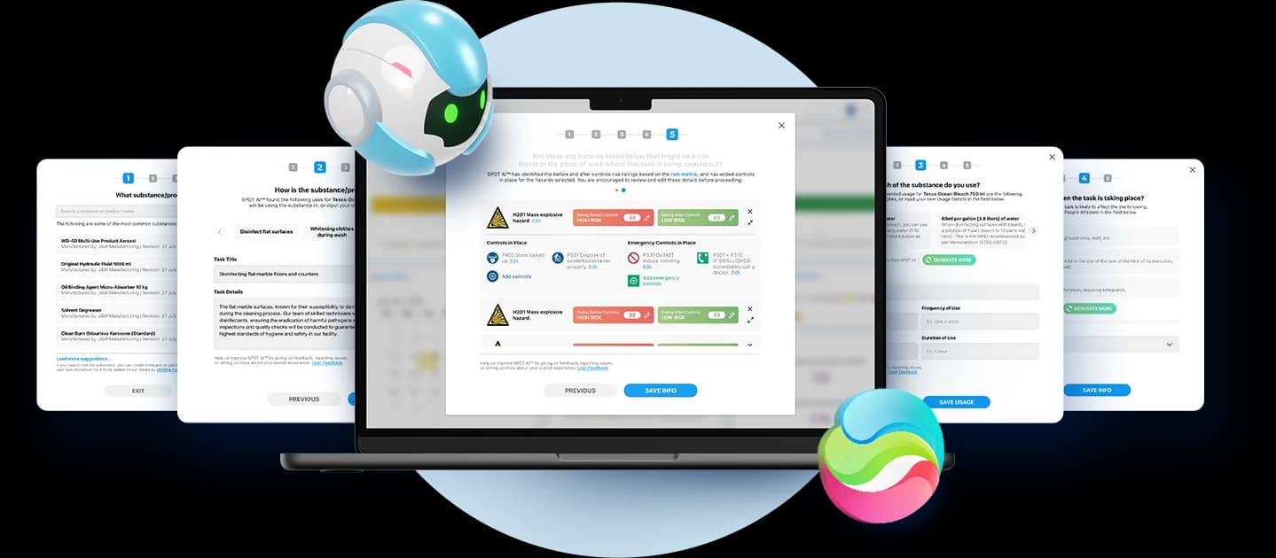 COSHH 5-step wizard interface showing automated risk assessment creation in 60 seconds