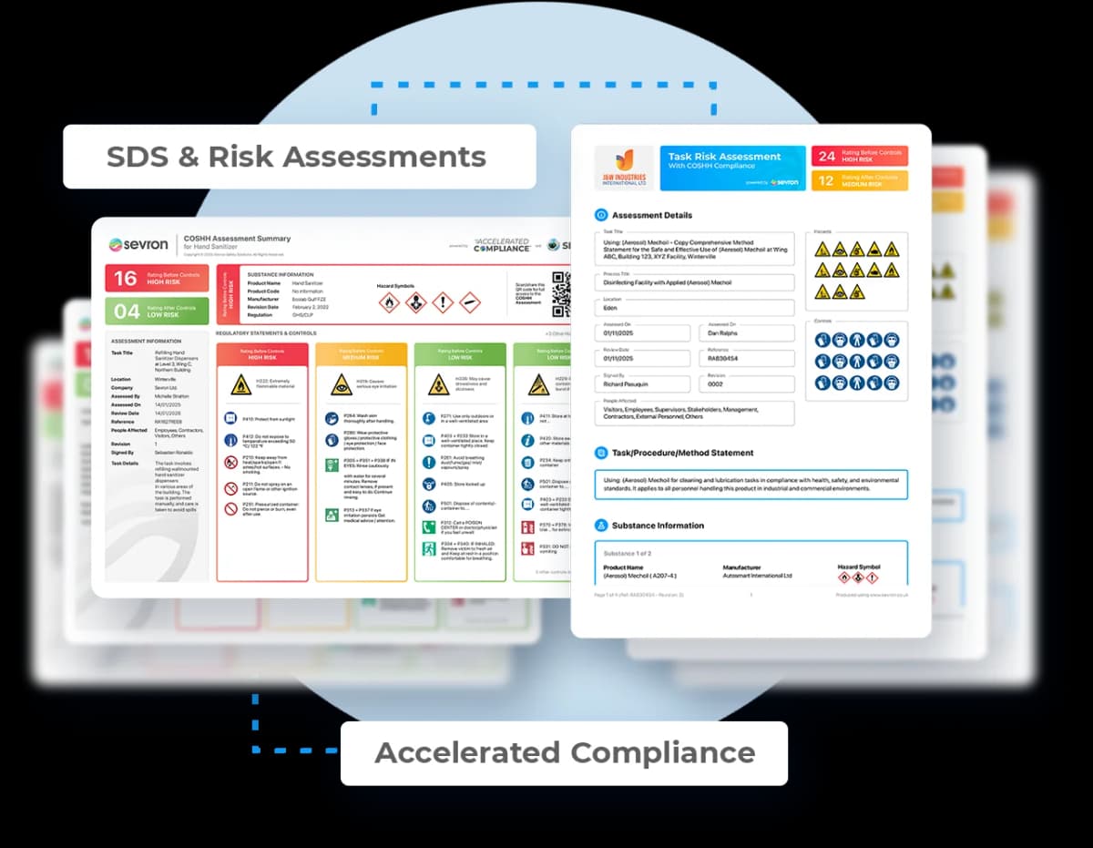 SDS and Risk Assessment documents showing Sevron's accelerated compliance setup and migration service