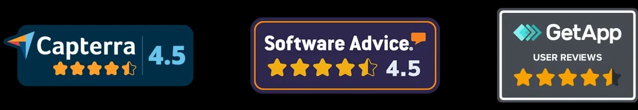 Trust badges from Capterra, Software Advice, and GetApp showing verified reviews