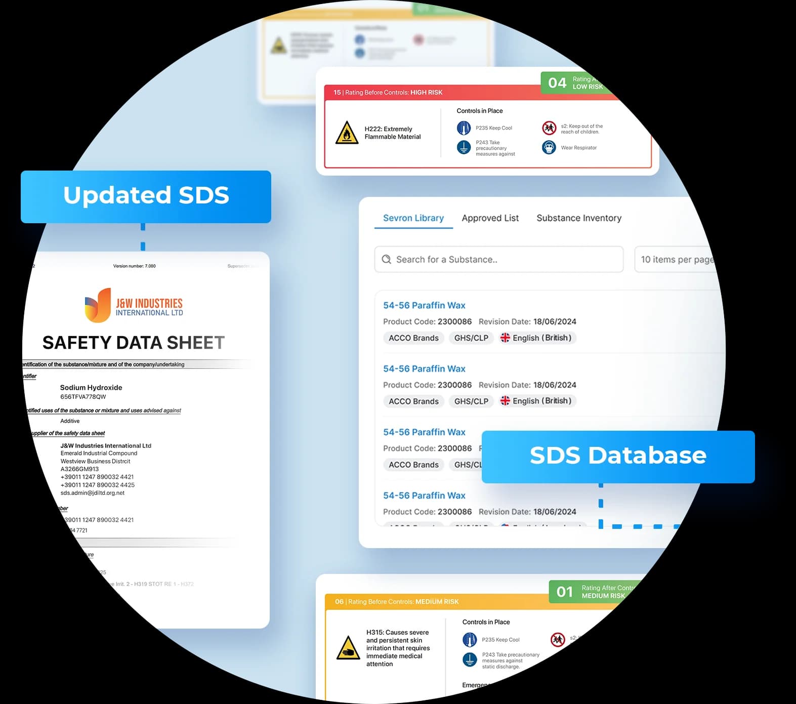 Safety Data Sheet management software interface showing SDS library and chemical safety tools